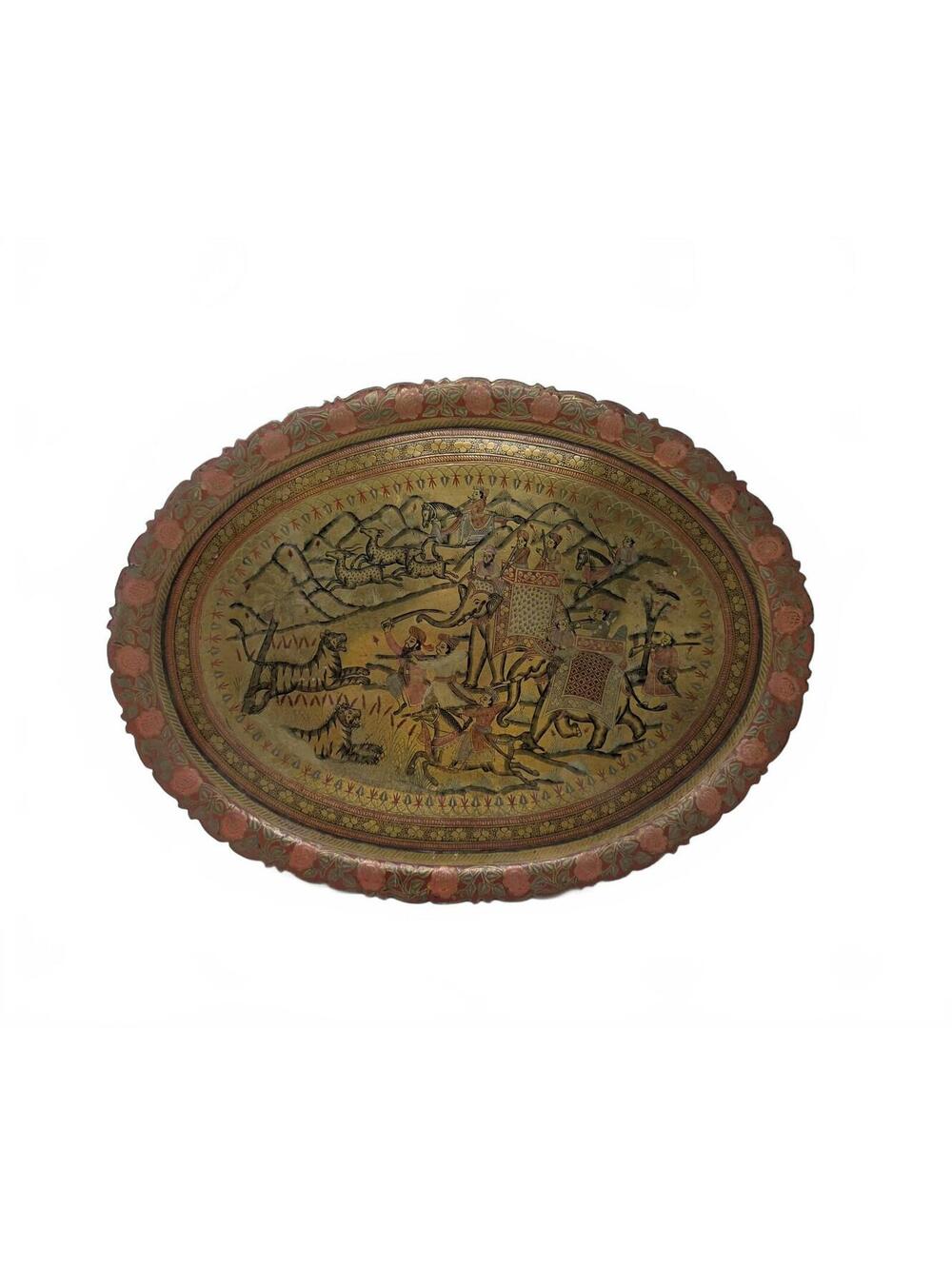 Vintage Indian Brass Platter Mughal Hunting Scene Engraved 17.5 Inch